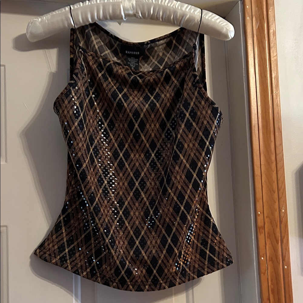 Express Brown and Black Plaid Sequin Tank